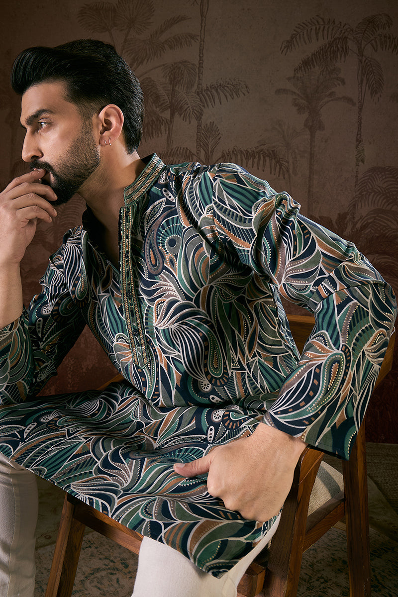 Navy Blue Silk Blend Abstract Printed Straight Kurta MKU1958