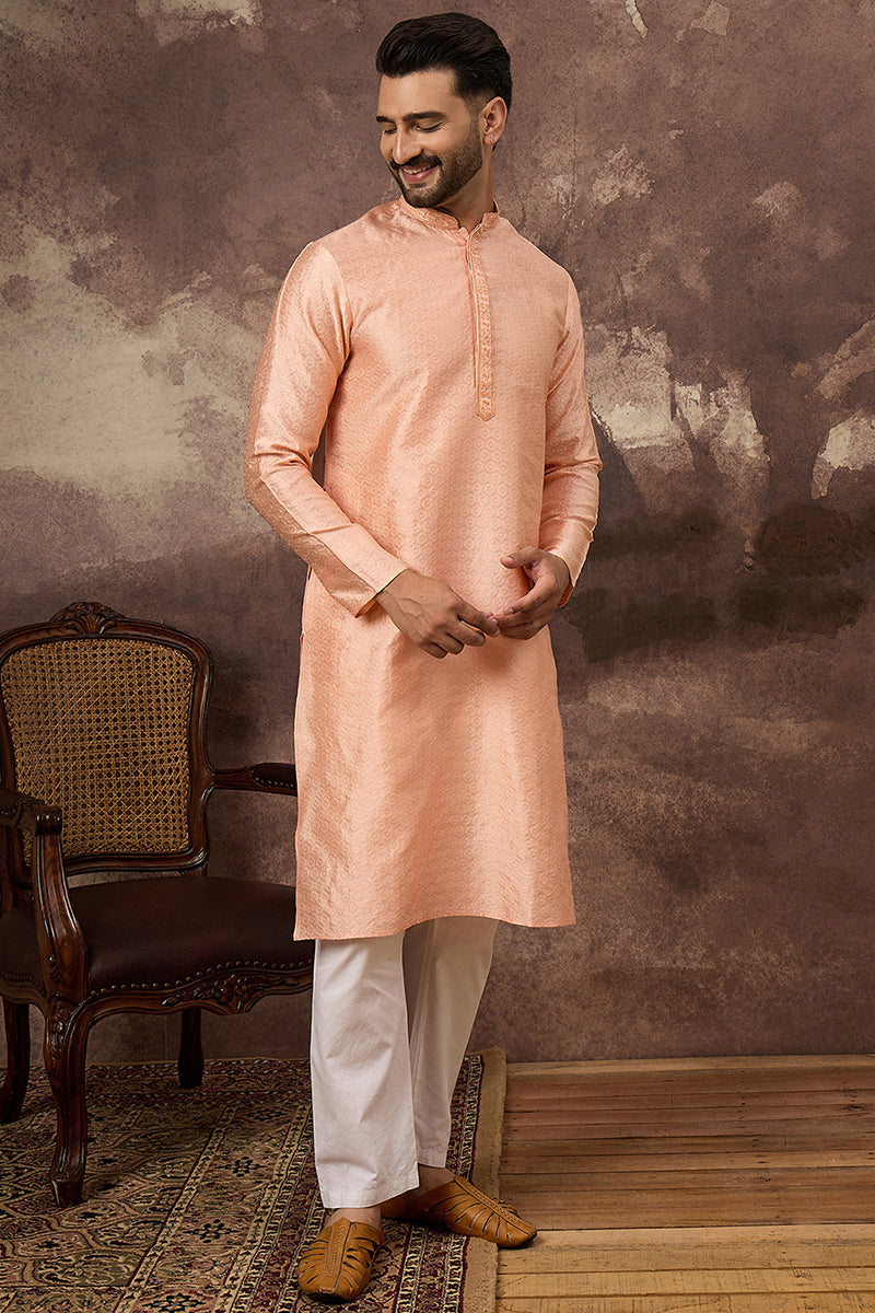 Peach Silk Blend Solid Woven Design Straight Kurta MKU1322