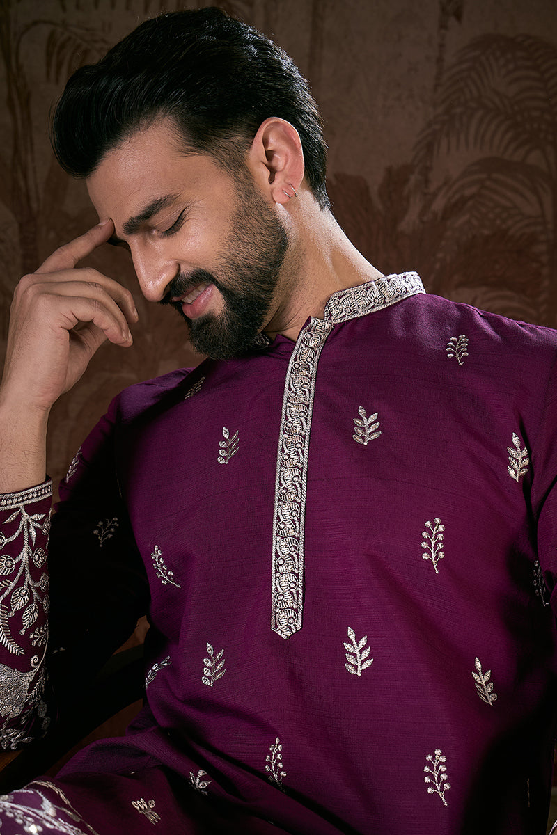 Purple Silk Blend Solid Embroidered Straight Kurta With Trouser MKSET1944