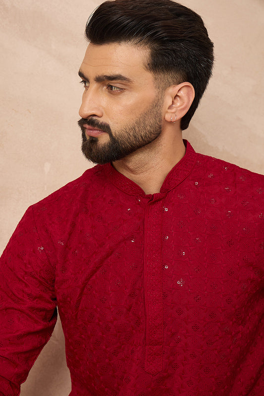 Maroon Viscose Rayon Solid Embroidered Straight Kurta MKU1226