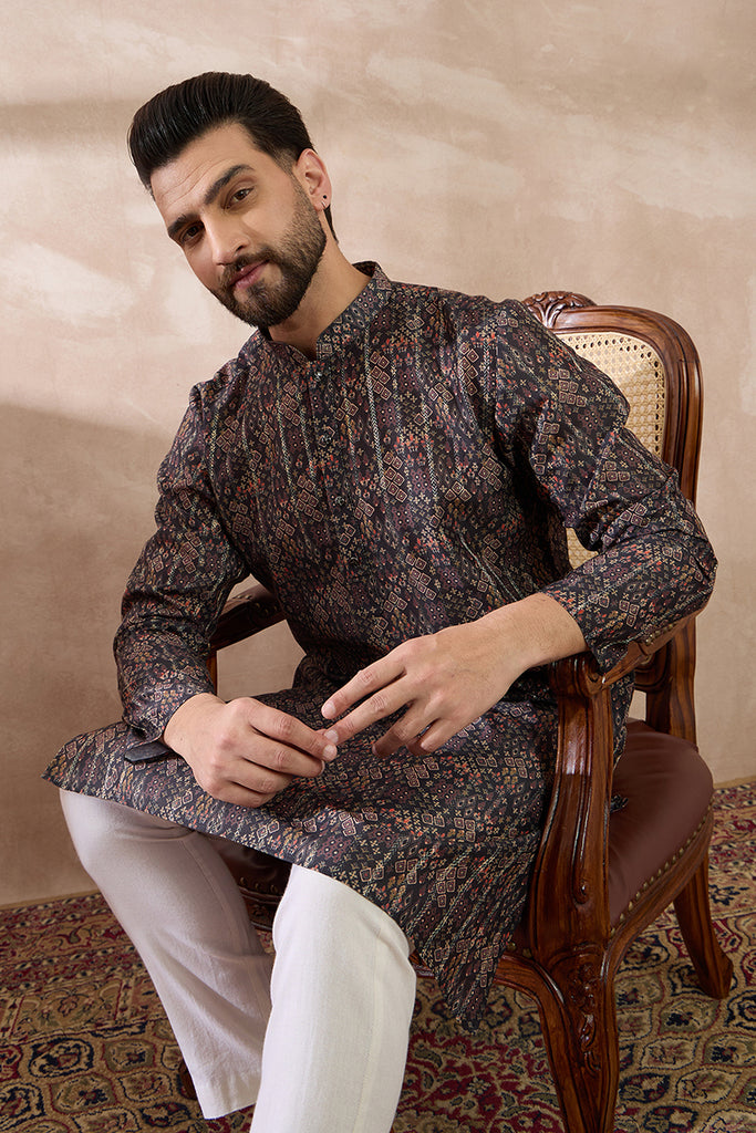 Black Silk Blend Printed Mandarin Collar Straight Kurta With Trouser MKSET2116