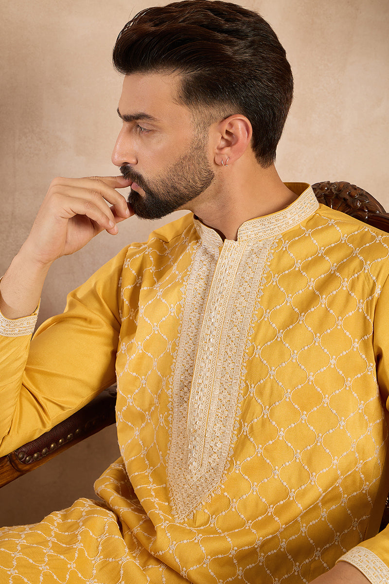 Yellow Silk Blend Solid Embroidered Straight Kurta MKU1691