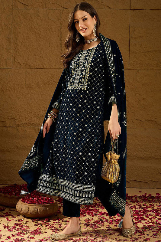 Blue Velvet Ethnic Motifs Printed Straight Trousers Suit Set PKSKD2886