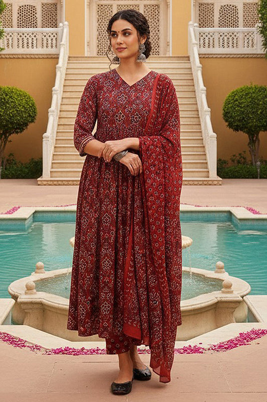 Red Rayon Blend Floral Printed A-Line Trouser Bottom Suit Set VKSKD2273