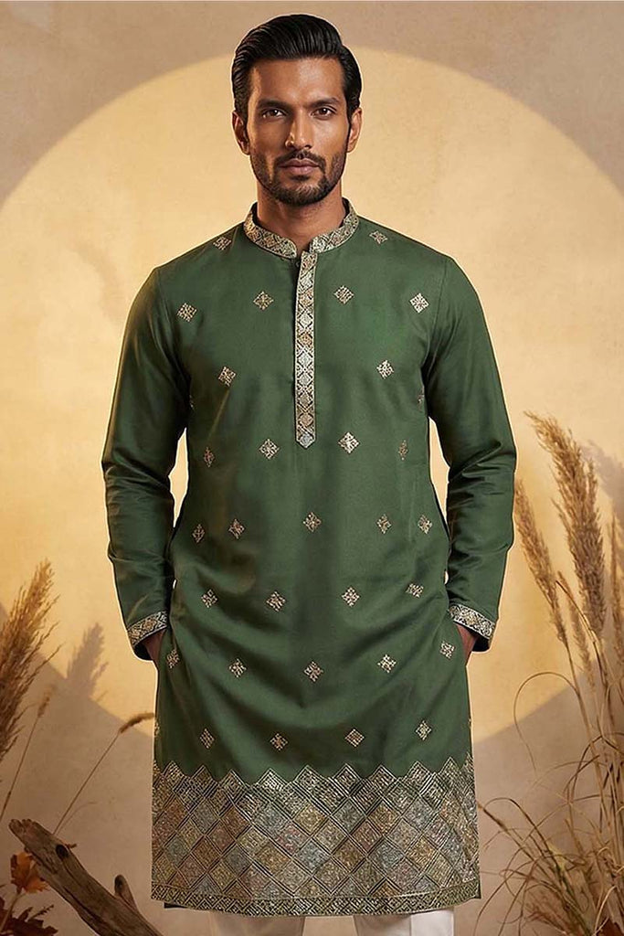 Silk Blend Green Solid Embroidered Calf Length Straight Kurta MKU2101