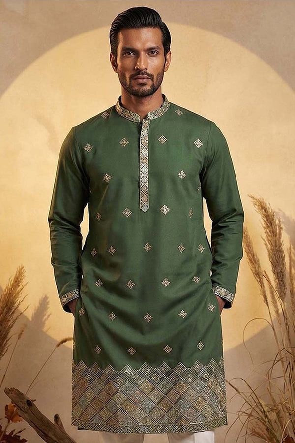 Silk Blend Green Solid Embroidered Calf Length Straight Kurta MKU2101