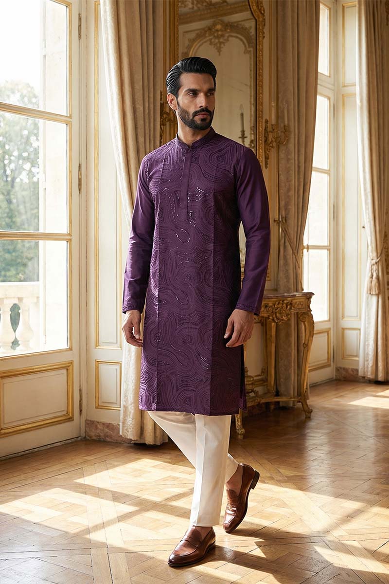 Purple Silk Blend Embroidered Straight Kurta MKU2125