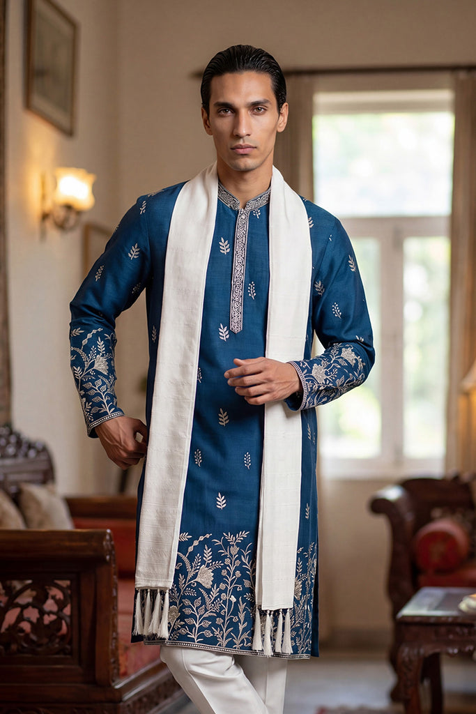 Blue Chanderi Silk Solid Embroidered Straight Kurta Trouser with Dupatta MKPD1315