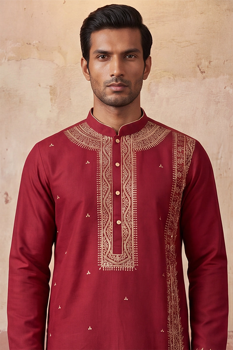 Red Silk Blend Solid Emboidered Straight Kurta With Trouser MKSET2314