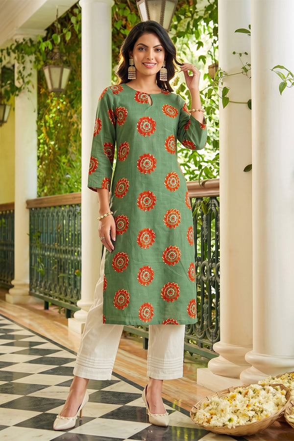 Cotton Rama Green Color Fancy Daily Wear Kurti VCK1295