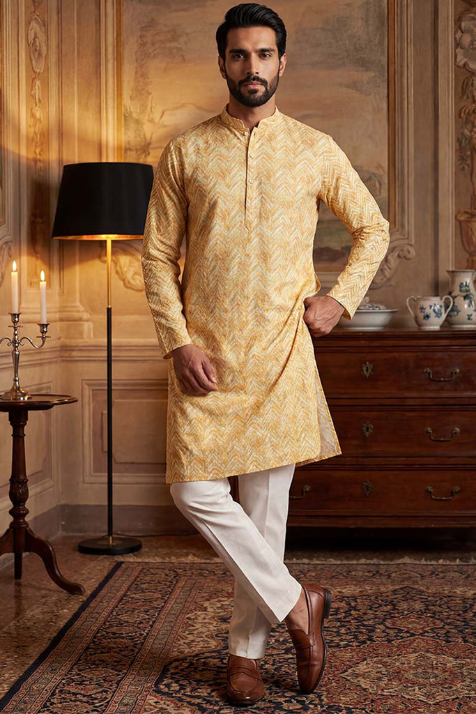 Yellow Cotton Blend Chevron Embroidered Kurta With Trouser MKSET2066