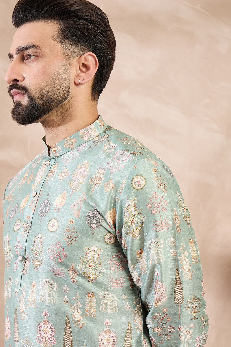 Green Silk Blend Floral Printed Straight Kurta With Trouser MKSET2011