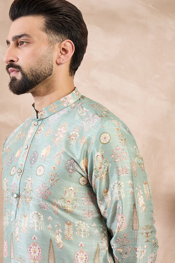 Green Silk Blend Floral Printed Straight Kurta With Trouser MKSET2011