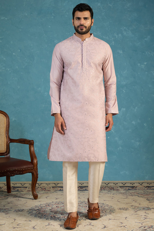 Lavender Silk Blend Embroidered Straight Kurta Sets MKSET2135