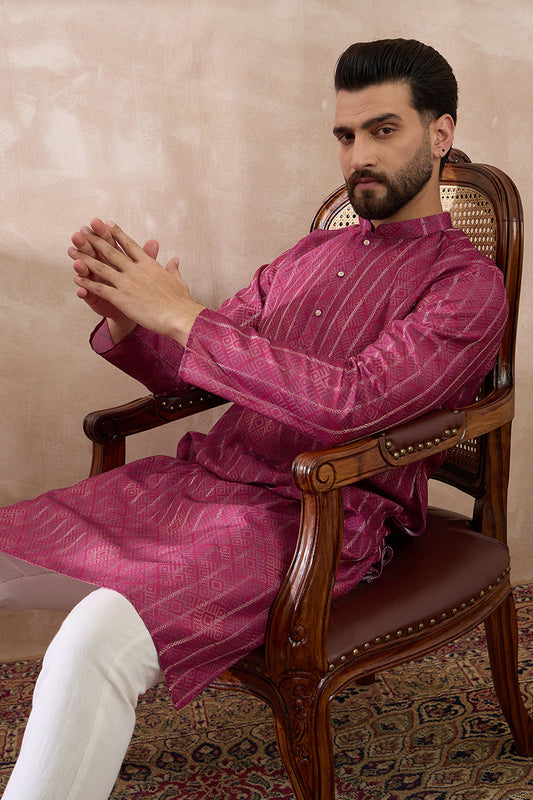 Pink Silk Blend Printed Mandarin Collar Straight Kurta With Trouser MKSET2114