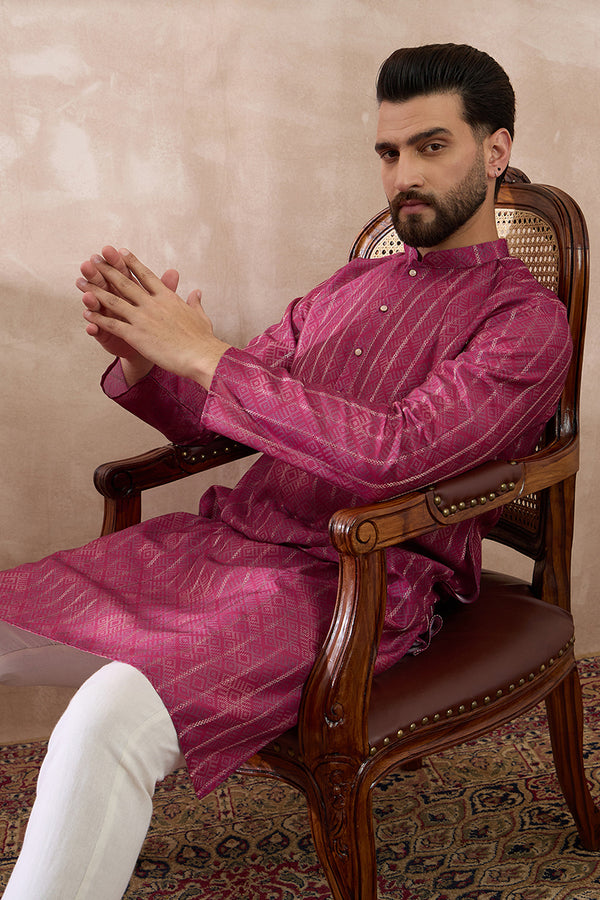 Pink Silk Blend Printed Mandarin Collar Straight Kurta With Trouser MKSET2114