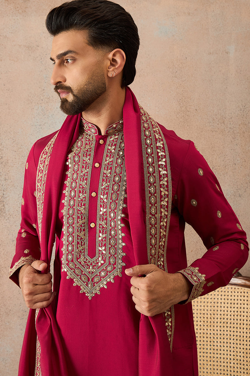 Pink Silk Blend Solid Embroidered Kurta With Dupatta MKUD1030