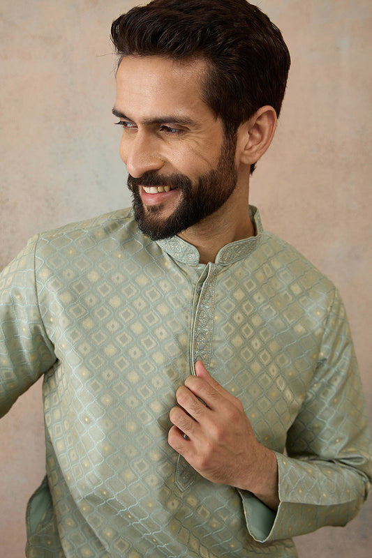 Teal Jacquard Ethnic Motifs Embroidered Kurta With Trouser MKSET2240
