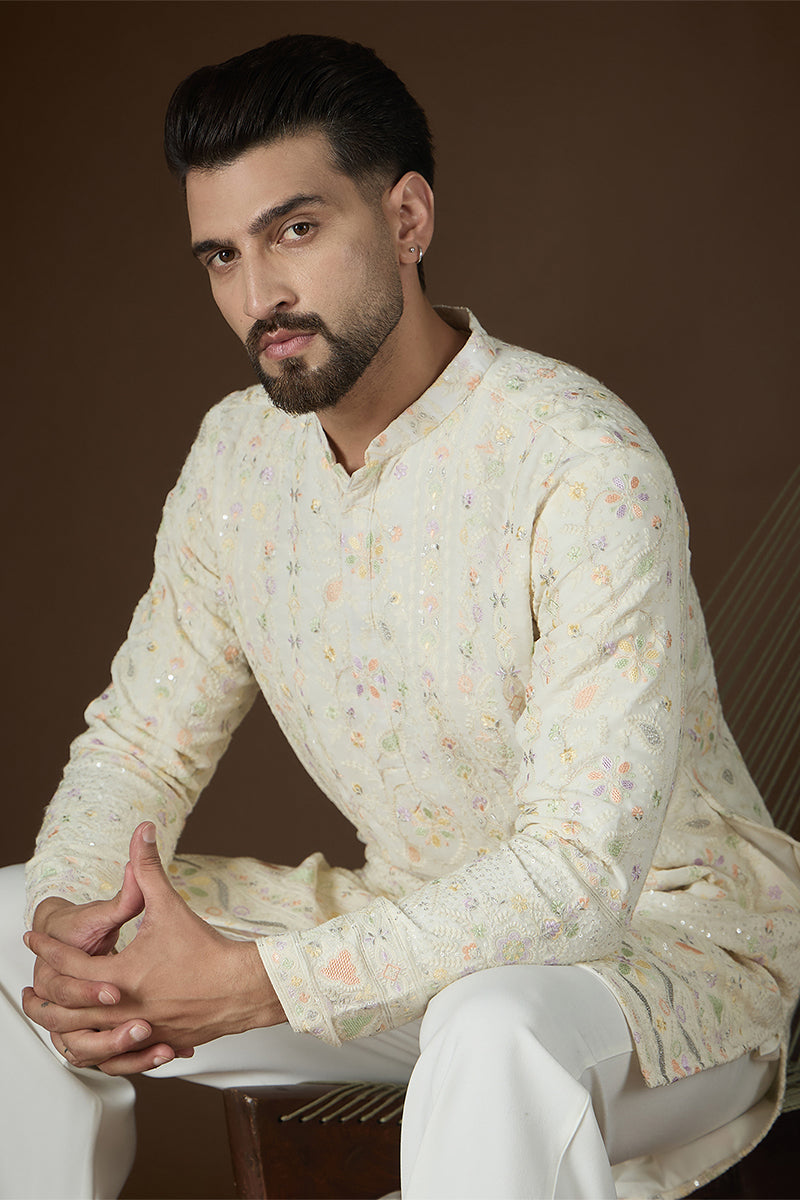 Off White Georgette Solid Embroidered Kurta With Trouser MKSET2732