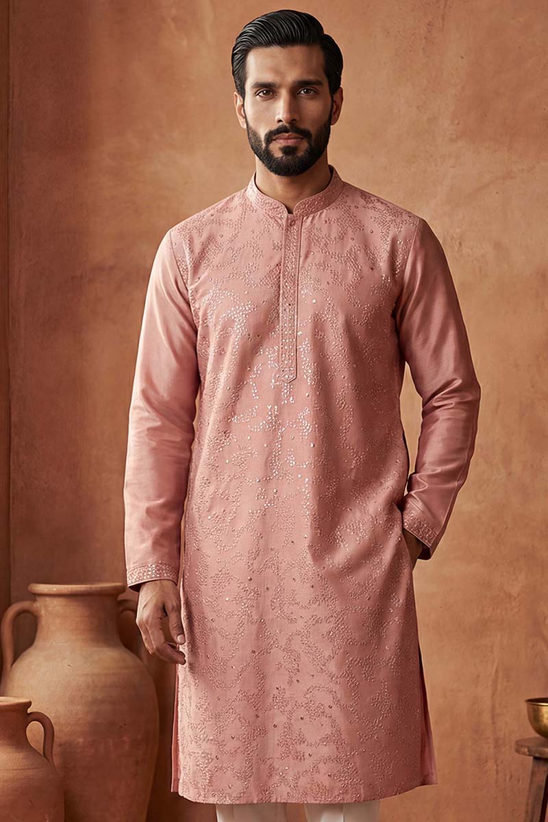 Silk Blend Peach Solid Embroidered Calf Length Straight Kurta MKU2136