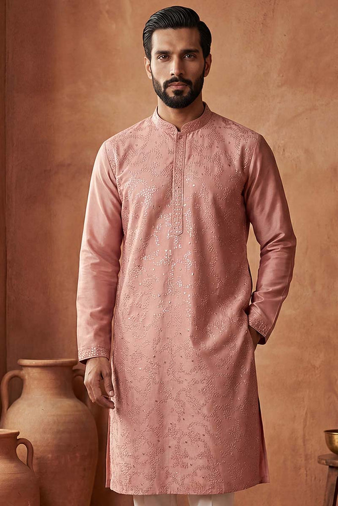 Silk Blend Peach Solid Embroidered Calf Length Straight Kurta MKU2136