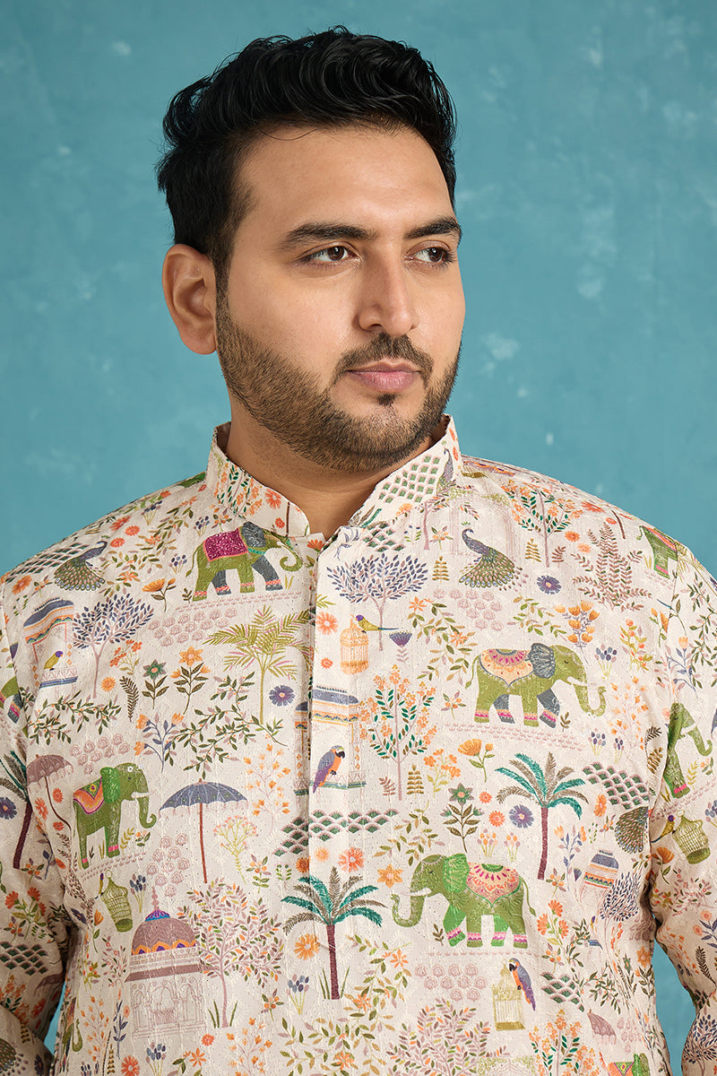 Cream Viscose Rayon Ethnic Motifs Thread Work Printed Kurta MKU1616