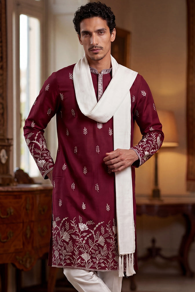 Maroon Silk Blend Solid Embroidered Straight Kurta Trouser with Dupatta MKPD1945
