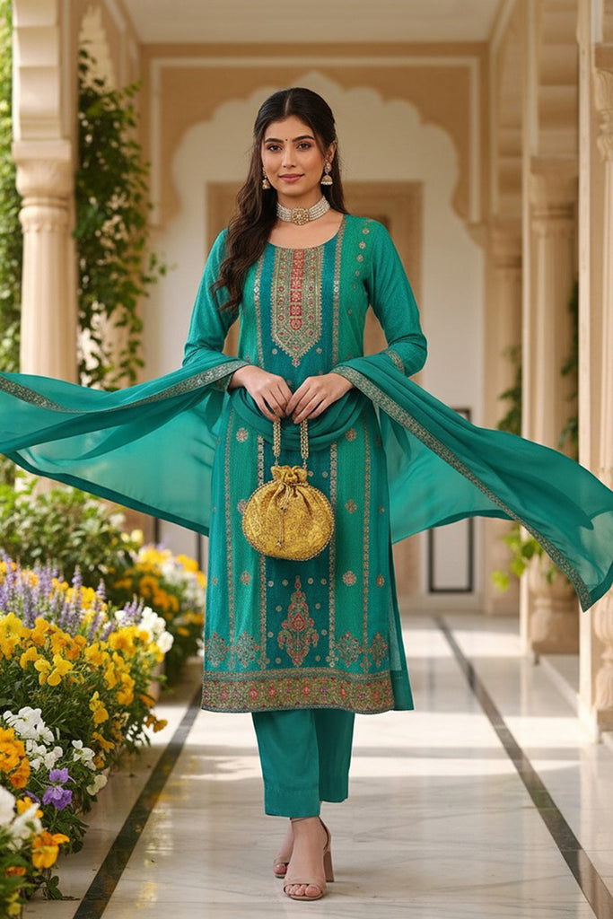 Teal Blue Organza Ethnic Woven Design Straight Trouser Suit Set PKSKD2580