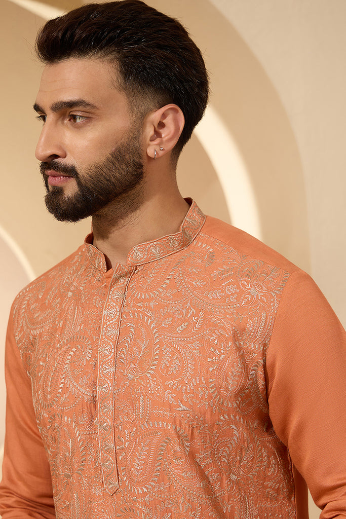 Orange Modal Embroidered Calf Length Straight Regular Kurta With Trouser MKSET2166