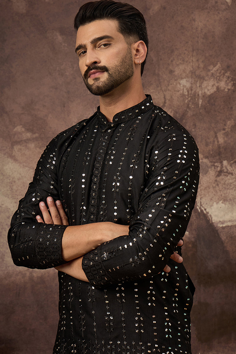 Black Silk Blend Solid Embroidered Straight Kurta With Pant Set MKSET1360