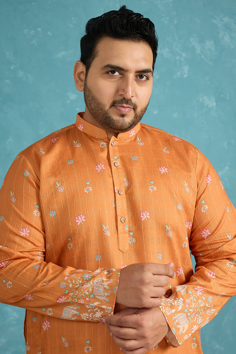 Orange Silk Blend Floral Sequins Printed Kurta MKU2349