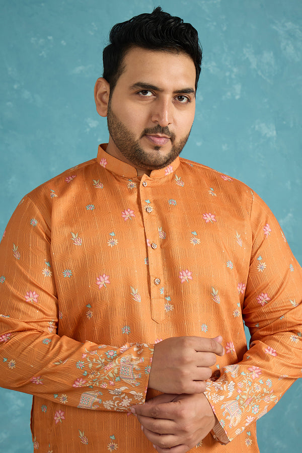 Orange Silk Blend Floral Sequins Printed Kurta MKU2349