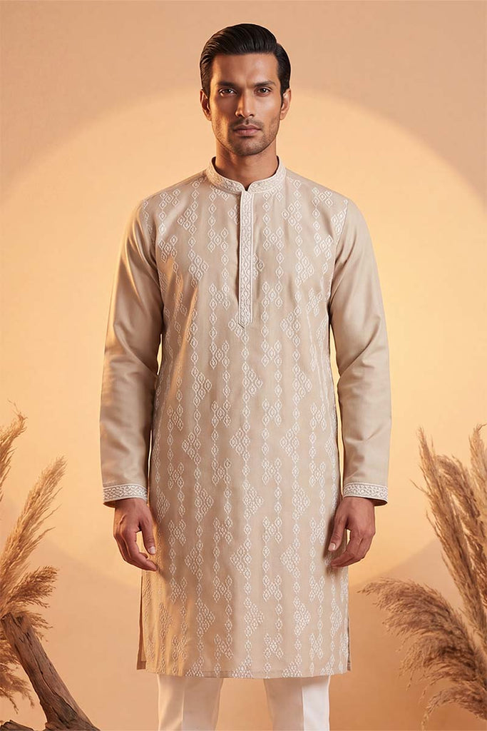 Beige Silk Blend Solid Embroidered Kurta MKU2089