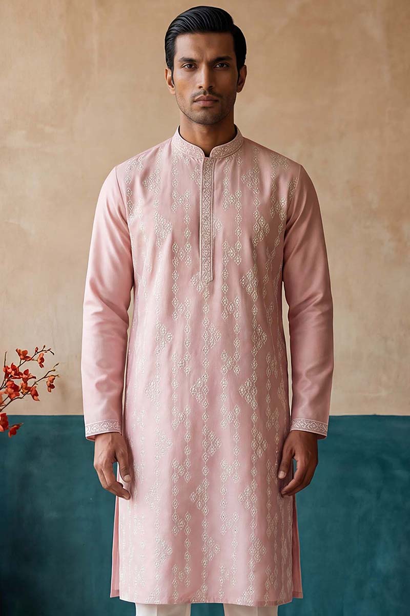 Pink Silk Blend Solid Embroidered Kurta With Trousers MKSET2088