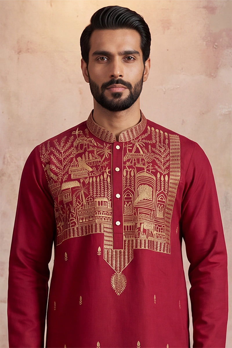Red Silk Blend Solid Emboidered Straight Kurta MKU2375