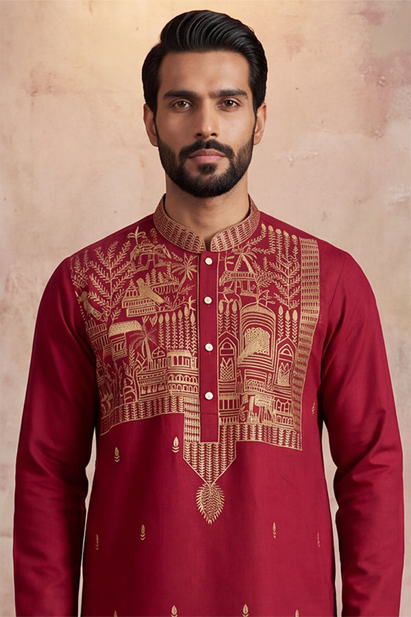 Red Silk Blend Solid Emboidered Straight Kurta MKU2375