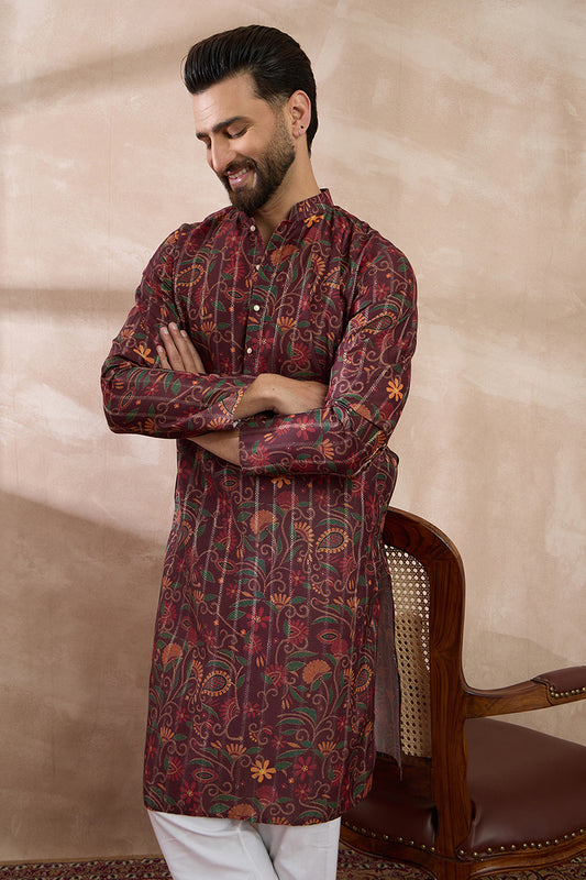 Maroon Silk Blend Printed Mandarin Collar Straight Kurta MKU2024
