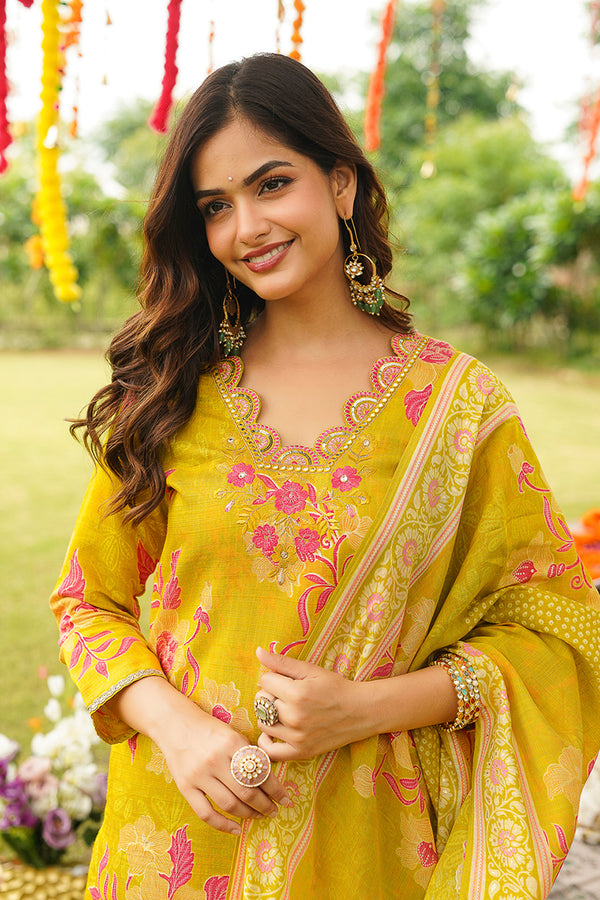 Yellow Rayon Blend Floral Straight Kurta Trousers With Dupatta PKSKD3052