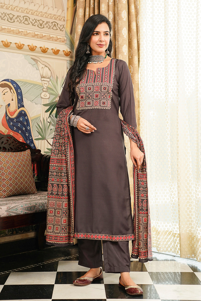 Grey Cotton Blend Ajrakh Printed Straight Kurta Trousers With Dupatta PKSKD3065