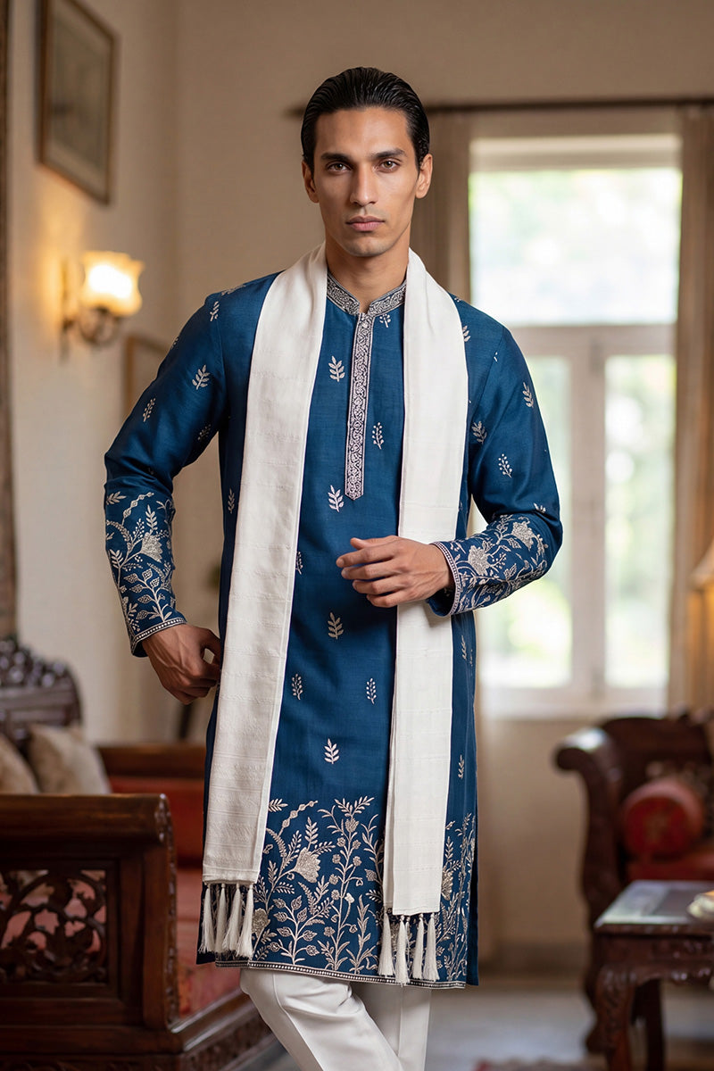 Blue Chanderi Silk Solid Embroidered Straight Kurta with Dupatta MKUD1315