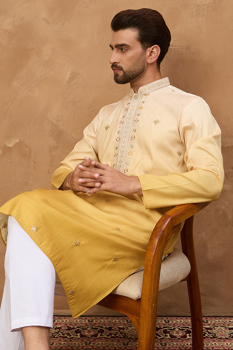 Yellow Silk Blend Solid Embroidered Straight Kurta MKU1486