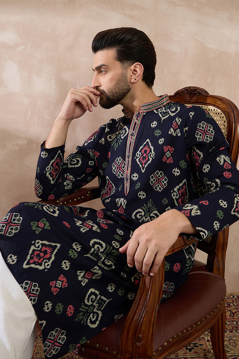 Blue Silk Blend Printed Mandarin Collar Straight Kurta MKU1987