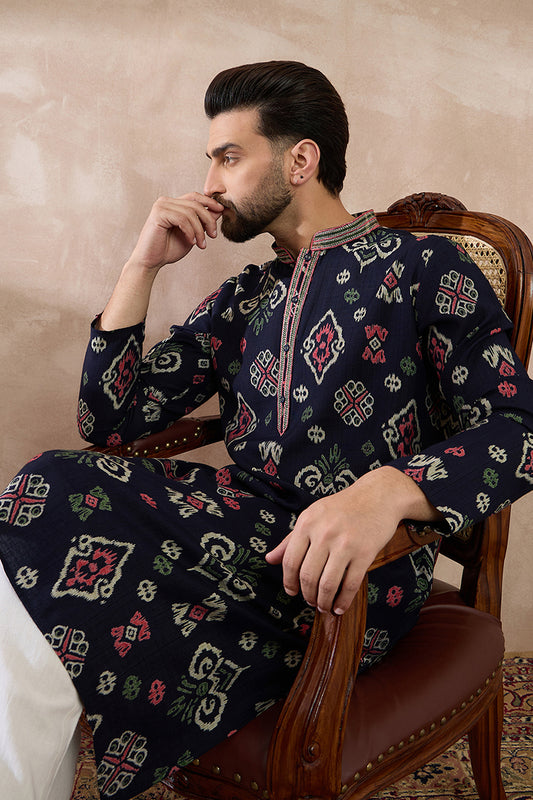 Blue Silk Blend Printed Mandarin Collar Straight Kurta MKU1987