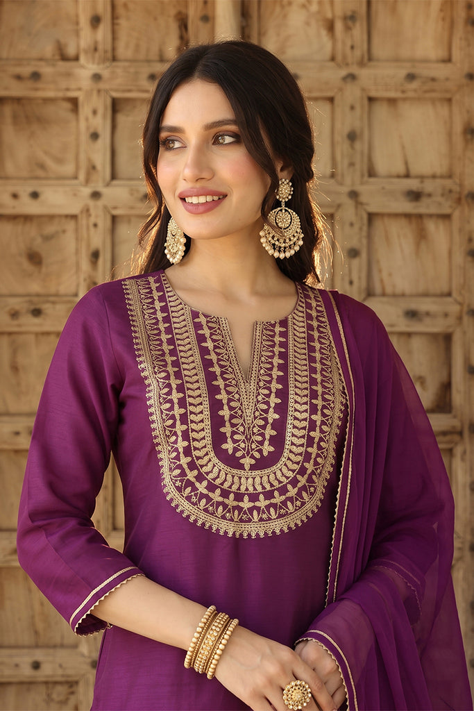 Silk Blend Purple Embroidered Straight Kurta Pant With Dupatta PKSKD1807