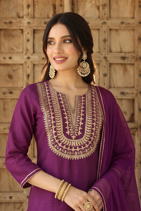 Silk Blend Purple Embroidered Straight Kurta Pant With Dupatta PKSKD1807