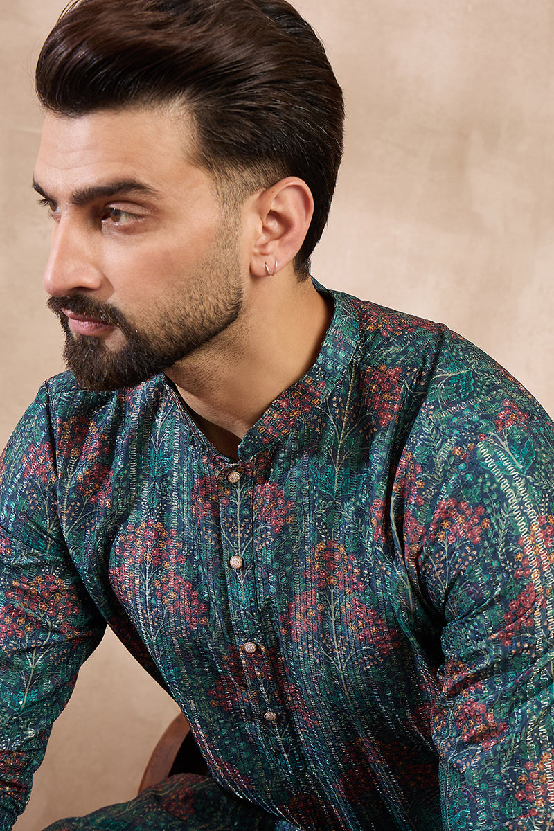 Blue Silk Blend Floral Printed Straight Kurta With Trouser MKSET1974