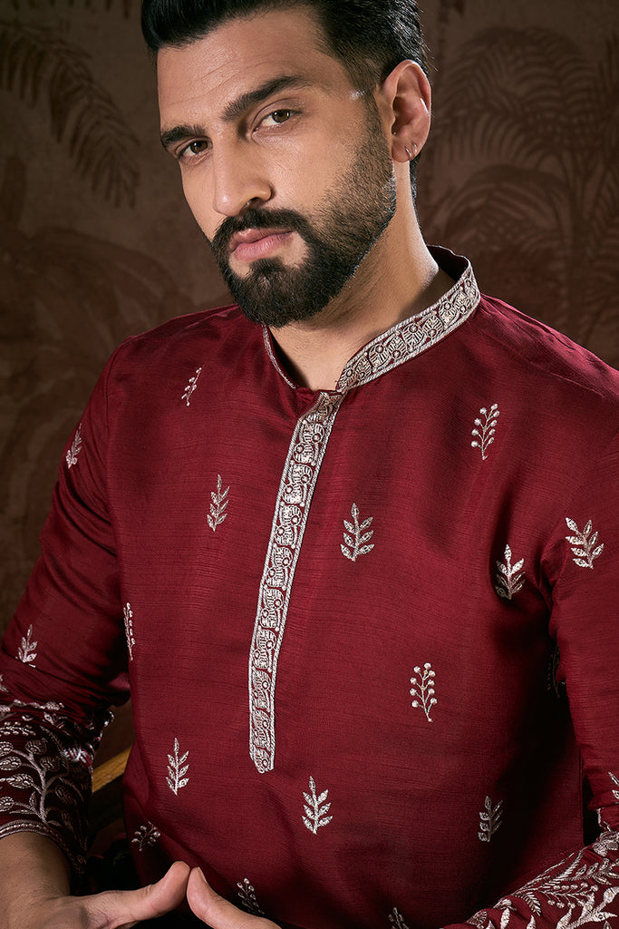 Maroon Silk Blend Solid Embroidered Straight Kurta With Trouser MKSET1945