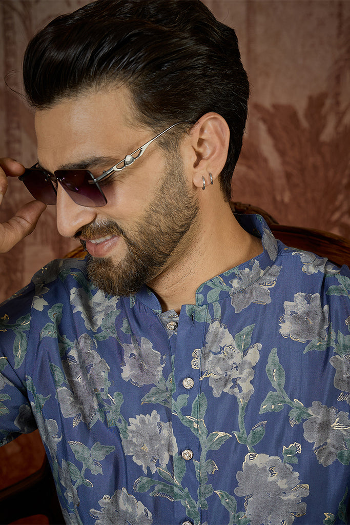 Blue Silk Blend Floral Printed Kurta With Trouser MKSET2567