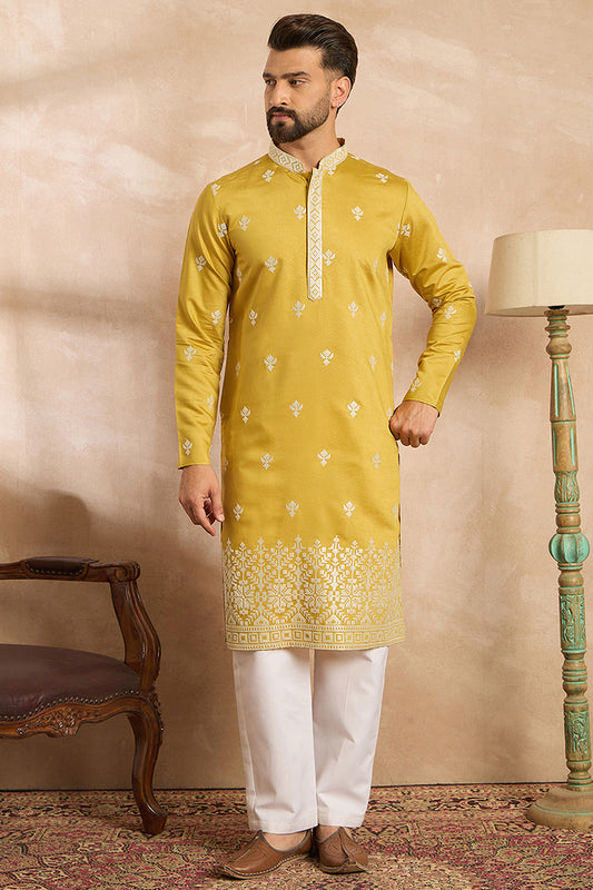 Yellow Polyester Solid Embroidered Straight Kurta With Trouser MKSET1809