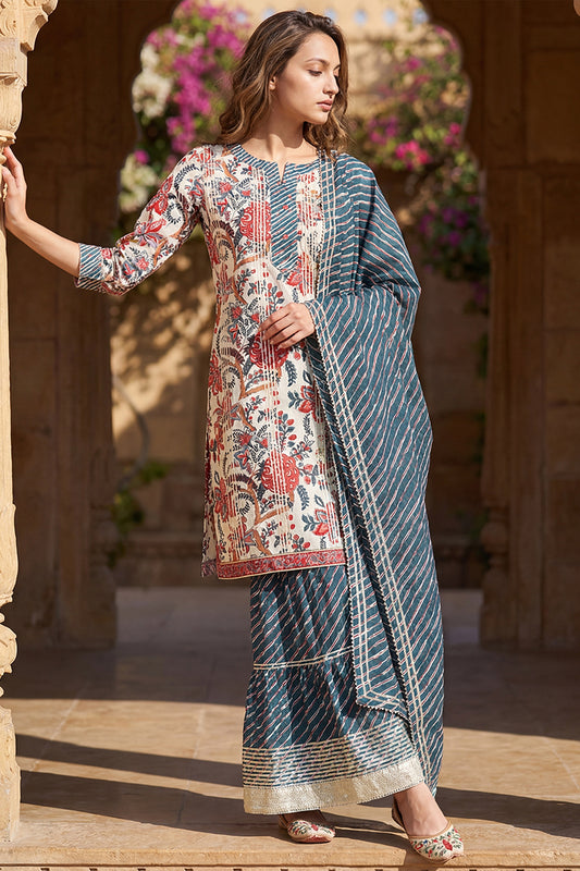 White Pure Cotton Straight Kurta Pant with Dupatta Set VKSKD1385